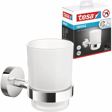 tesa SMOOZ Zahnputzbecher mit Halterung - Becher aus satiniertem Glas, verchromte Wandhalterung - zur Wandbefestigung ohne Bohren, inkl. Klebelösung - 113 mm x 79 mm x 124 mm (1/5)
