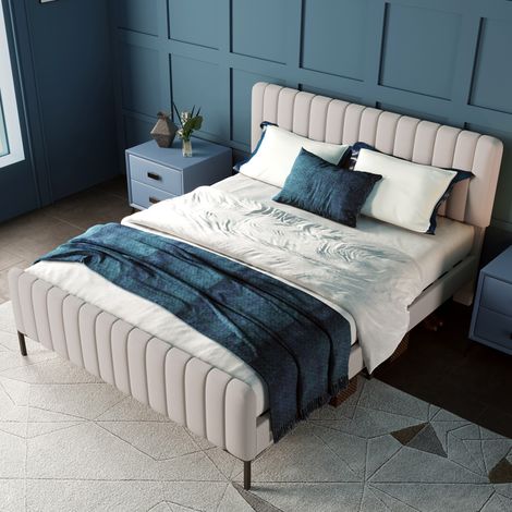 Lit Adulte 140×200 cm, Lit Double avec Tête de Lit Réglable, sans Matelas, en Lin, Gris-Beige