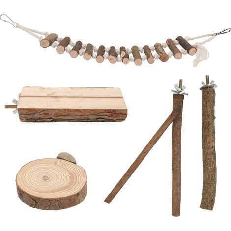 Ensemble de 5 perchoirs en bois pour perroquets, comprenant une plateforme d'observation et de grignotage, ainsi qu'une balançoire pour cages à oiseaux. (1/5)