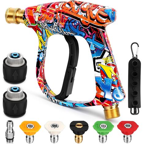 Short High Pressure Washer Gun with 5 Nozzles & 2 Hose Connectors, 4000PSI Cleaner Gun Car Wash Water Gun M22-14mm Water Inlet to 1/4" Connect, for Karcher K-series Quick Connect & Release Trigger Gun