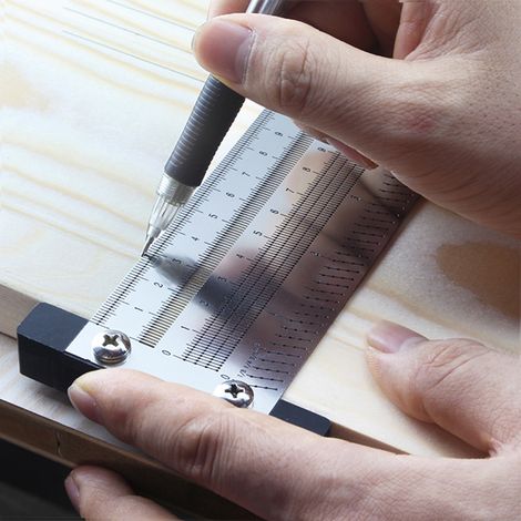 Righello metrico a T di alta precisione da 400 mm per la marcatura di fori, con matita meccanica integrata. Strumento di misurazione per carpentieri e artigiani del legno. (1/5)
