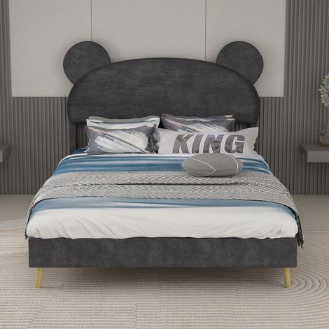 , Lit rembourré moderne et minimaliste avec tête de lit douce au design de dessin animé, 140x200cm, gris, meuble de chambre multifonctionnel, base basse sans rangement (sans vérin à gaz)... (1/5)