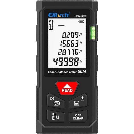 Outil de mesure laser Elitech 165 pieds, télémètre avec modes surface/volume/Pythagore, écran LCD rétroéclairé, 99 données (1/5)