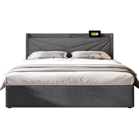 Lit double 160x200 gris avec coffre de rangement, tête de lit rembourrée, ports USB et Type-C, cadre en métal, sommier à lattes en bois, sans matelas- FLORAGRACE (1/5)