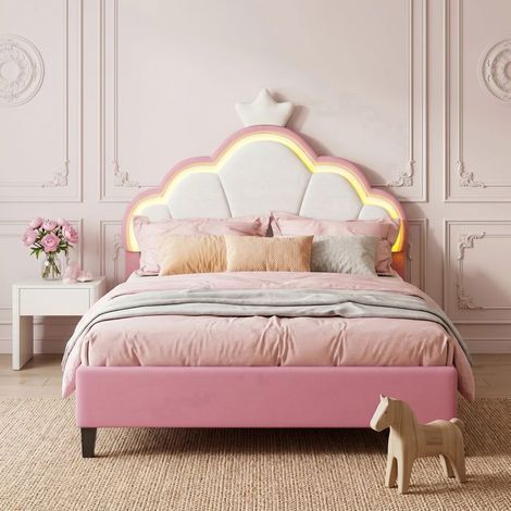 Letto 2 posti - Letto 140x190 in velluto - Testiera regolabile - LED integrato - Rete a doghe (1/5)