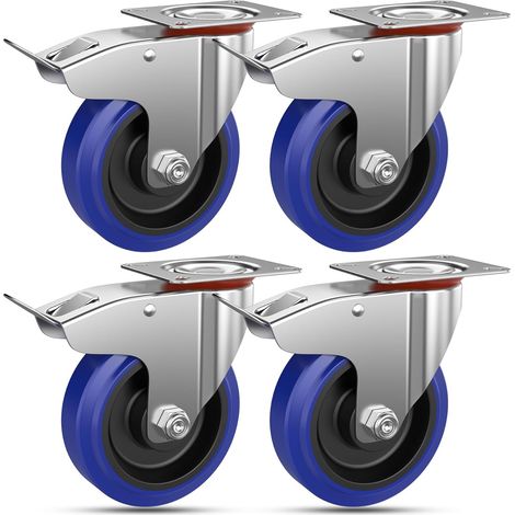 4 ruedas giratorias de 100 mm para muebles con freno - Ruedas de goma resistentes para transportar cargas de hasta 200 kg - Azul