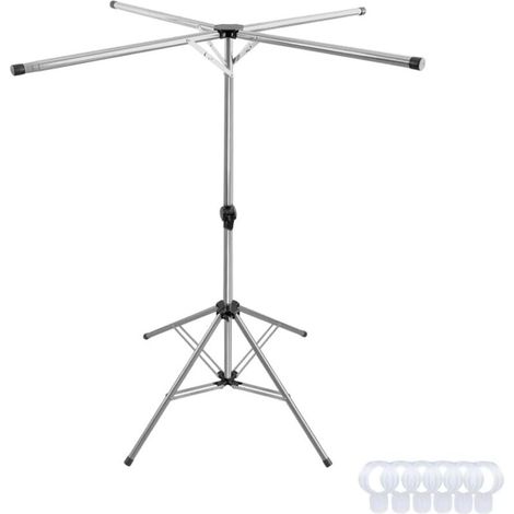 Séchoir à Linge Pliable en Acier Inoxydable, Etendoir à Vêtements Extensible sur Pieds, Sèche Linge avec 4 Bras de Crochet pour Intérieur et Extérieur, Réglable en Hauteur et Longueur (1/5)