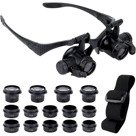 Lunettes Loupe avec 2 Lumières LED, 8 Lentilles Détachables, Loupe à Montage sur Tête, Lunettes Loupe Mains Libres pour Réparation, Lecture, Bijoux, Montres (2.5X 4X 6X 8X 10X 15X 20X 25X)