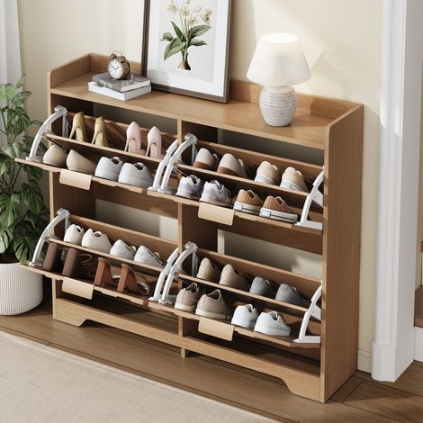 MODFU – Scarpiera 105x24x90 cm in MDF con 4 ante a ribalta, frontale 3D, chiusura ammortizzata, carico 40 kg e salvaspazio – Naturale (1/5)