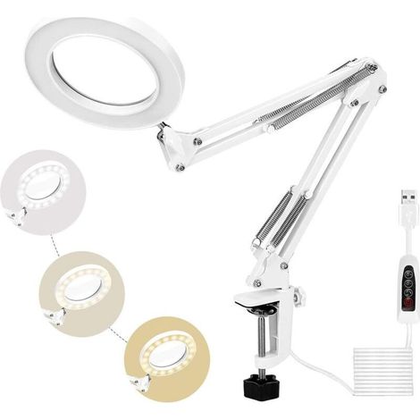 72 LED Magnifying Lamp, 5X Daylight Desktop Magnifying Glass with Metal Clamp, 3 Dimmable Color Modes for Repairing, Crafting, Sewing, Reading (White) (1/5)