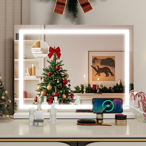 Miroir Maquillage Lumineux 58x45cm, Miroir LED Miroir Hollywood, 3 températures de Couleur, Touche Tactile, Port de Chargement USB, Loupe 10x, Installation Murale/sur Table pour Coiffeuse (1/5)
