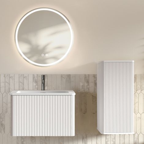 Mobile bagno sospeso 60 cm con specchio LED rotondo, bianco, salvaspazio – MEUBLIV (1/5)
