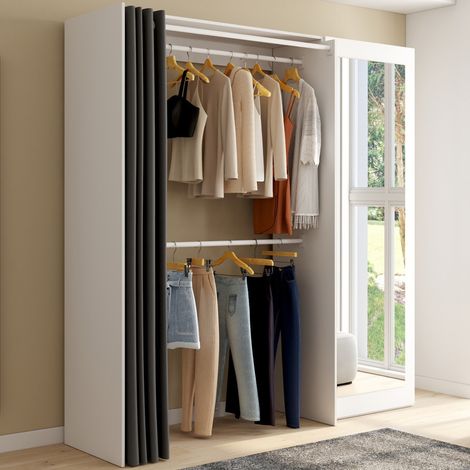 MARTY 120/170 x 50 x 180 cm blanco armario extensible con estantes + armario doble + espejo + cortina gris (1/5)