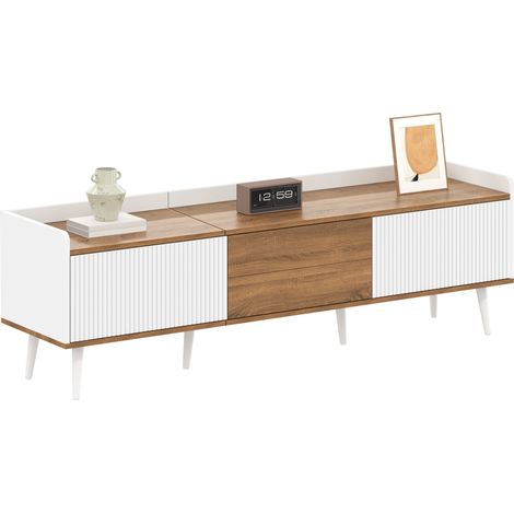 Meuble TV bas 160 cm à trois portes, blanc et bois clair, rangement spacieux, bords surélevés, pieds en bois et sécurité anti-basculement - CHICFURN (1/5)