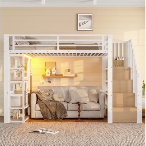 Letto a soppalco in metallo e MDF bianco 90x200 cm con scaffali, scala contenitore, LED e barriera di sicurezza (1/5)
