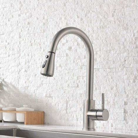 Robinet de cuisine extensible - Robinet de cuisine pivotant à 360 ° - 2 modes - Robinet de cuisine avec bec courbé élevé, nickel brossé. (1/4)