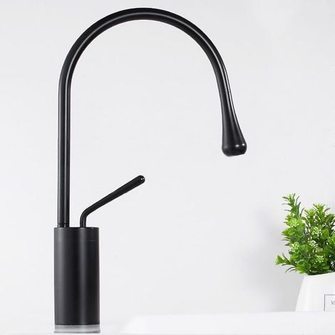 Mitigeur de lavabo noir design, robinet de comptoir pivotant 360°, bec haut en laiton, pour salle de bain moderne (1/4)