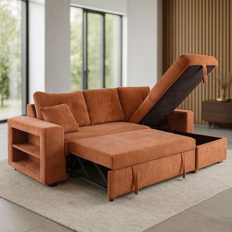 Divano angolare letto 4 posti con contenitore in velluto a coste terracotta GLASGOW (1/4)
