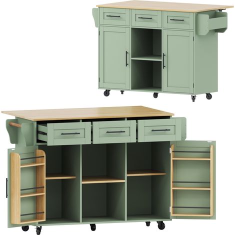 Chariot de cuisine multifonction avec plateau pliant, châssis vert et plan de travail imitation bois, roulettes et pieds en bois massif (1/5)