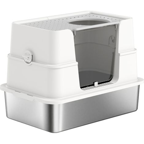 PawHut Lettiera Gatto Chiusa XL in Acciaio Inox con Paletta, Grigio Chiaro (1/5)