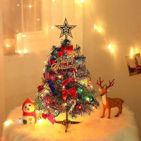 60 cm großer Tischweihnachtsbaum, künstlicher Mini-Weihnachtsbaum mit Lichterkette und LED-Dekoration