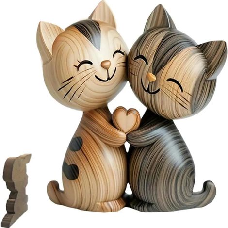 Couple de sculptures de chats en bois 2D plat tenant des pendentifs de bureau, pendentifs de bureau de chats, affiches en bois décorées par les amoureux de chats (1/5)