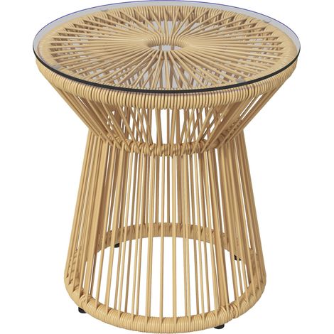 Table de jardin ronde en résine tressée imitation rotin table de bistrot métal plateau verre trempé Ø 40 x 42 cm beige