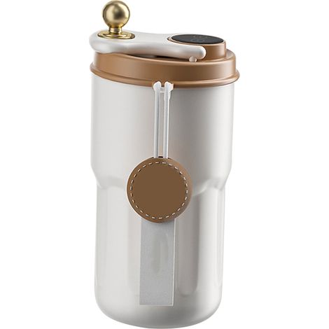 Mug isotherme réutilisable en acier inoxydable, couleur marron, idéal pour les boissons chaudes et glacées.