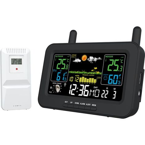 Stazione meteo wireless termometro interno/esterno, schermo LCD a colori, sensore esterno, orologio, e una retroilluminazione regolabile,stazione meteo (1/5)