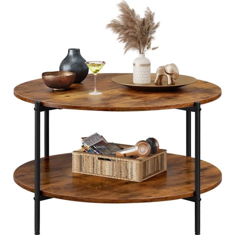 WLIVE zweistufiger Rundcouchtisch, Holzoberfläche mit robustem Metallrahmen, moderner Stil für Wohn- und Schlafzimmer, vintagebraun-schwarz (1/5)