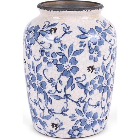 Vase chinoiserie bleu/blanc peint main, vintage pour bibliothèque ou maison de ferme