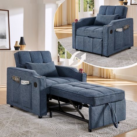 Fauteuil Convertible 1 place - 190x85x86 cm - Fauteuil 3-en-1 avec ports USB Type-C et porte-gobelet - Bleu marine (1/5)