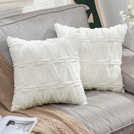 AIDUCHO Lot De 2 Housses De Coussins Tissu Laine Artificielle Et Polyester Motif Triangle Moderne Doux Lisse Confortable Taie D'oreiller À Salon Chambre Canapé 45x45cm Blanc (1/4)