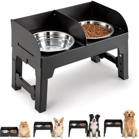 Gamelle Surélevée pour Chien Réglable en Hauteur, 4 Hauteurs, 2 Gamelles INOX 1,2 L, Support Anti-Éclaboussures avec Séparateur Eau/Nourriture, Antidérapant, Chiens Moyens et Grands (1/5)