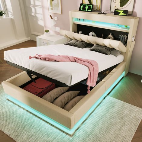 Lit simple 90x200 – Tête rangement – USB + Type-C – LED tête/pied – Hydraulique – Beige lin – Sans matelas (1/5)