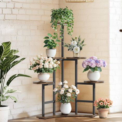 Unho – Étagère à plantes d'angle 4 niveaux – Fer et MDF noir – Support décoratif pour balcon, bureau, entrée – Dimensions 50x108.5 cm