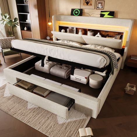 Polsterbett 160/200 cm beige aus Leinen mit LED, USB-C und hydraulischem Stauraum (1/5)