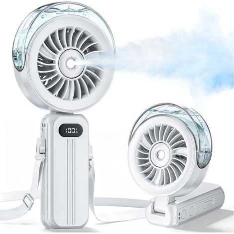 Mini Ventilateur Brumisateur Portable - Petit Ventilateur USB Rechargeable Puissant, 6000mAh 3-en-1 Fan Poche de Bureau, Main ou Cou avec 4 Vitesses & Ecran LED, pour Extérieur, Voyage (Blanc)