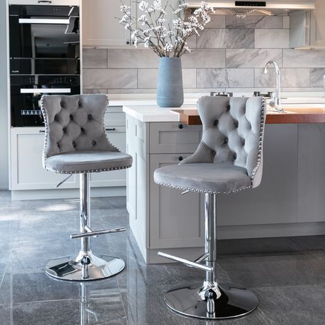 Lot de 2 tabourets de bar velours pivotants, hauteur réglable 63-84cm, chromés, rembourrés, pour pub et îlot cuisine, gris (1/5)