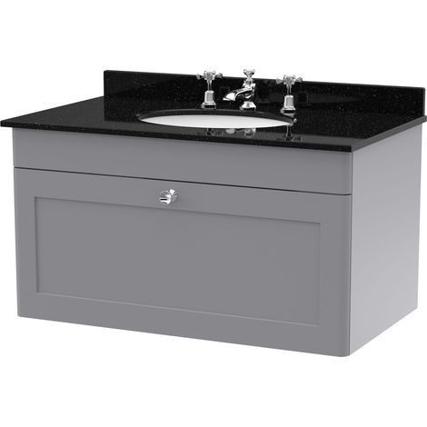 Swynnerton Traditional 1 Drawer Wall Hung Vanity Unit with Marble Basin, Satin Grey, 800mm