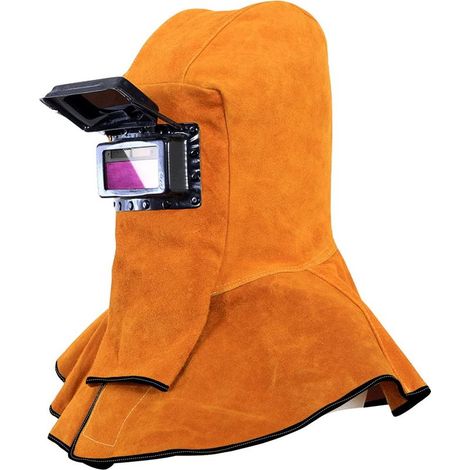 Capa de soldador de piel de vaca, filtro solar autooscurecedor, máscara de soldar, equipo de protección para casco de soldar, gorro de trabajo con cuello y hombros drapeados (1/5)