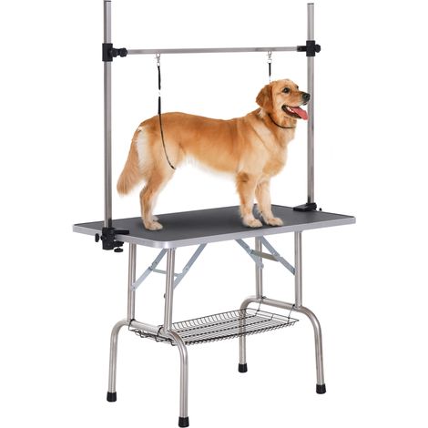 42" Dog Grooming Table, Adjustable Pet Cat Drying Beauty Table with 2 Loops Storage Basket, Rubber Top, Black