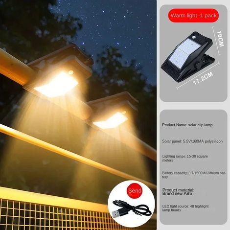 (Lumière chaude 48 LED) Nouvelles lampes solaires à pince pour extérieur, cour, jardin, terrasse, applique murale ultra-lumineuse à détection de présence humaine (1/5)