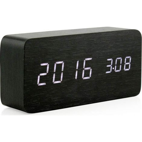 Digitaler Wecker aus Holz, multifunktionaler intelligenter Wecker mit LED-Beleuchtung, USB-Anschluss, Sprachsteuerung und Thermometer – schwarz (1/4)