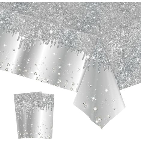 2 Pièces Nappe Plastique Rectangulaire Anti Tache,137274cm Brillant Nappe de Table Argenté Imperméables Extensible,pour Décoration de Table,Fournitures Fête de Mariage Anniversaire Pique-niques Noël (1/5)