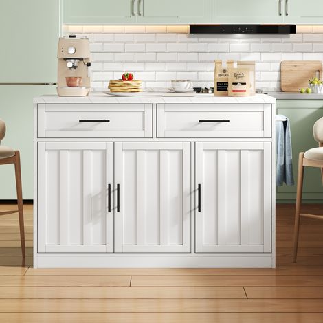 Meuble de cuisine îlot central 120 x 60 x 91 cm avec prises, USB, bar et rangements, blanc DESVIAE (1/5)