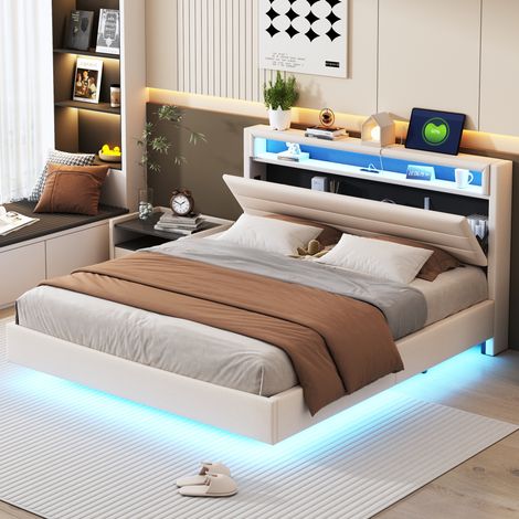 Polsterbett 160x200 cm mit USB-Anschluss, LED-Beleuchtung, klappbarem Kopfteil, Beige HAVRYA (1/5)