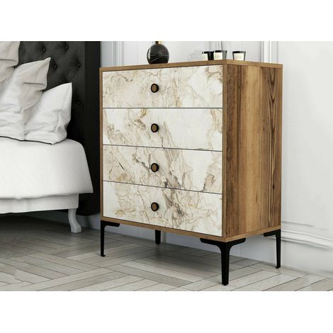 Dmora - Cajonera Daceitun, Cómoda multiusos, Cómoda de dormitorio, Gabinete con cajones, 76x40h91 cm, Nogal y Mármol Blanco (1/5)