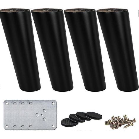 Quatre pieds de remplacement coniques en bois massif de noyer avec plaque de montage, compatibles avec les canapés, les armoires et les supports TV, noirs, 12/30 cm. (1/5)