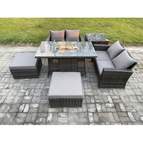 Fimous 6 Seater Rattan Garden Furniture Set Outdoor Lounge Sofa Chair Gas Fire Pit Dining Table Set With 2 Big Footstool Double Seat Sofa Side Table